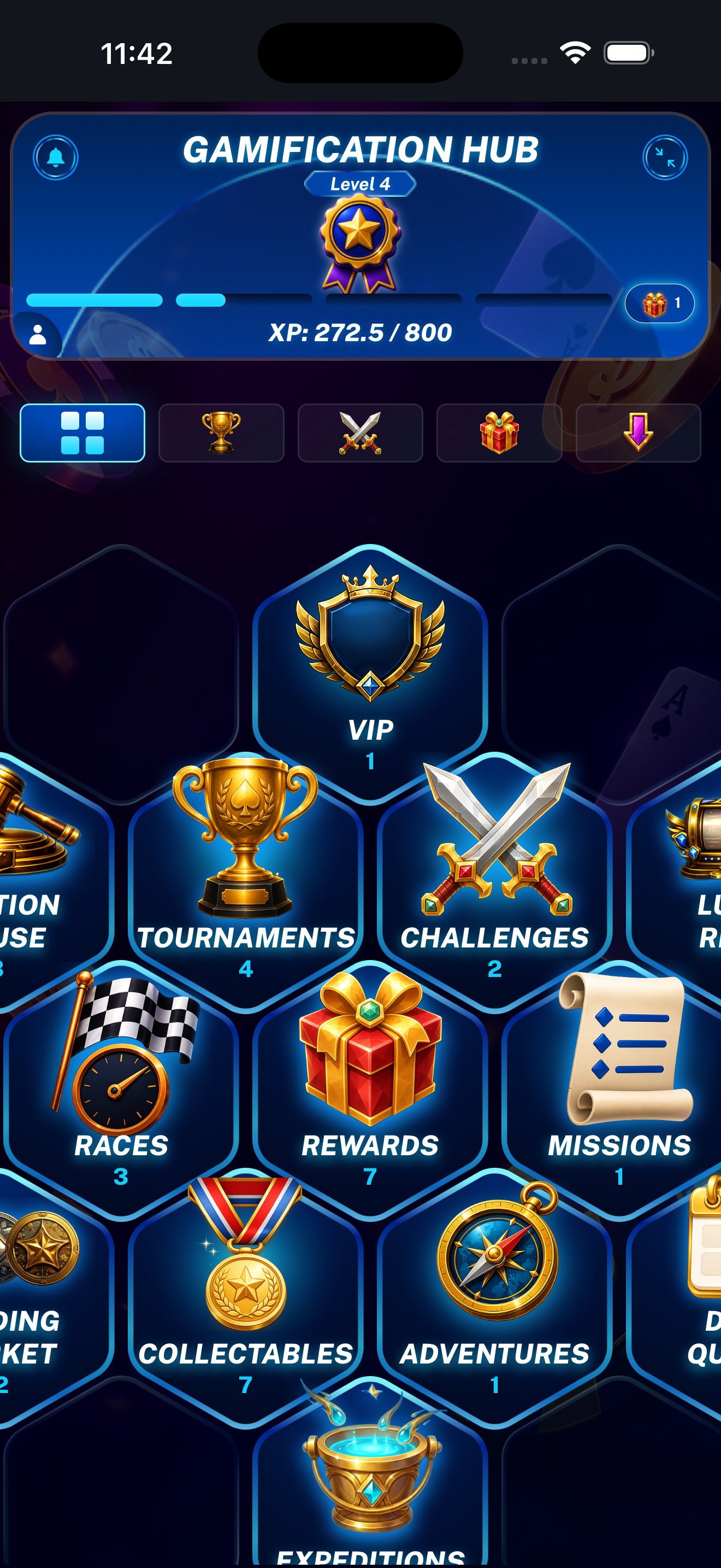 Widgets overview displaying the member's current VIP level